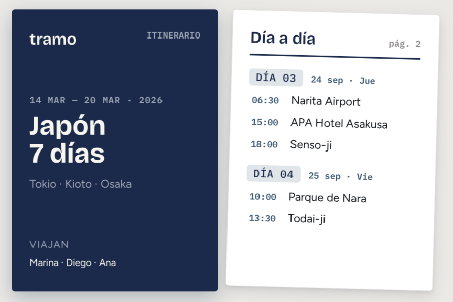 PDF itinerary export with cover and day-by-day pages